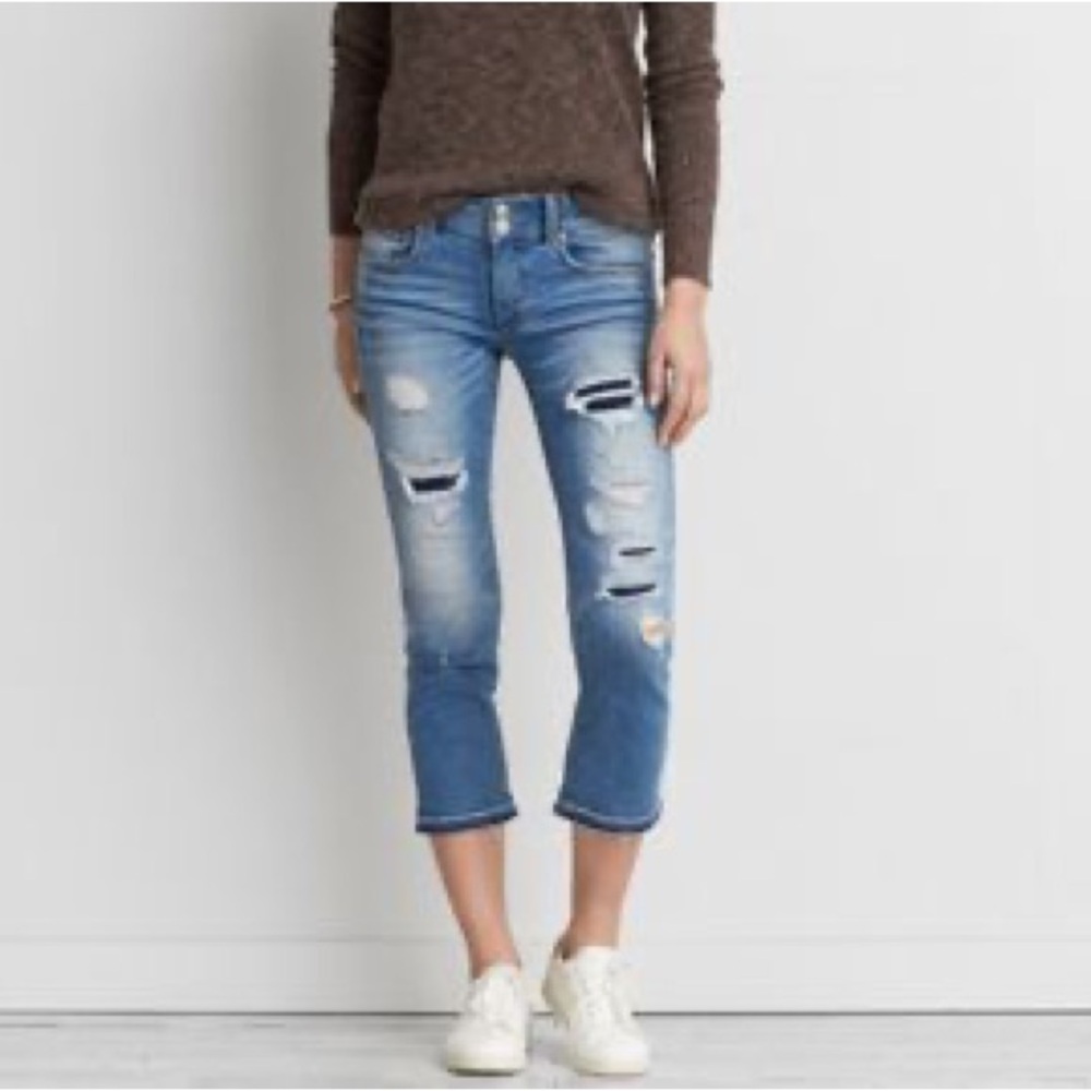 🌿🌸 American Eagle Distressed Light Blue Artist Crop Stretch Jeans Sz 6